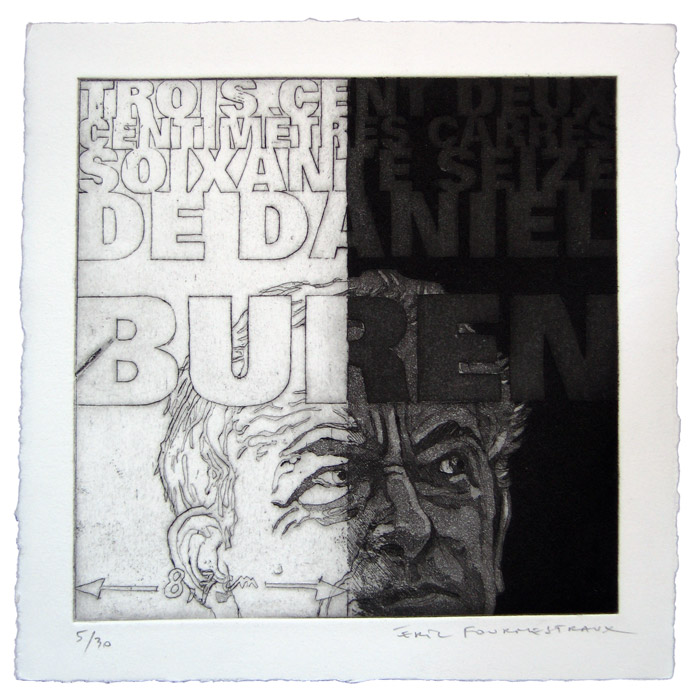 la gravure d'Eric Fourmestraux "Trois cent deux centimètres carrés soixante seize de Daniel Buren"