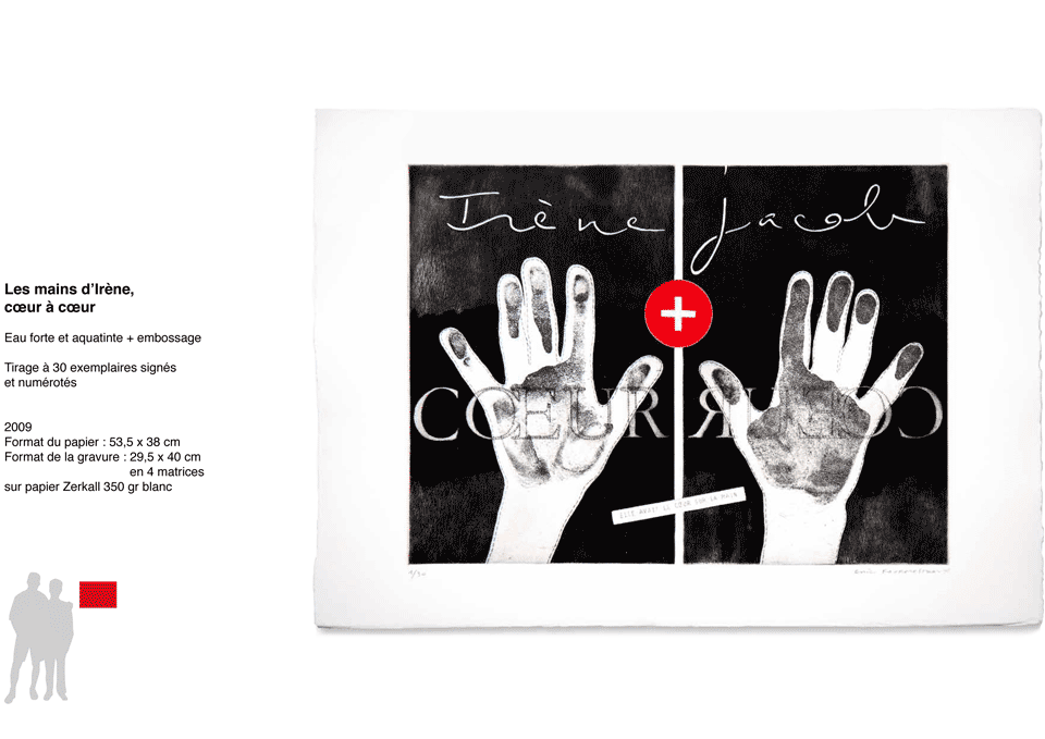 Gravure "Les mains d'Irène, coeur à coeur"