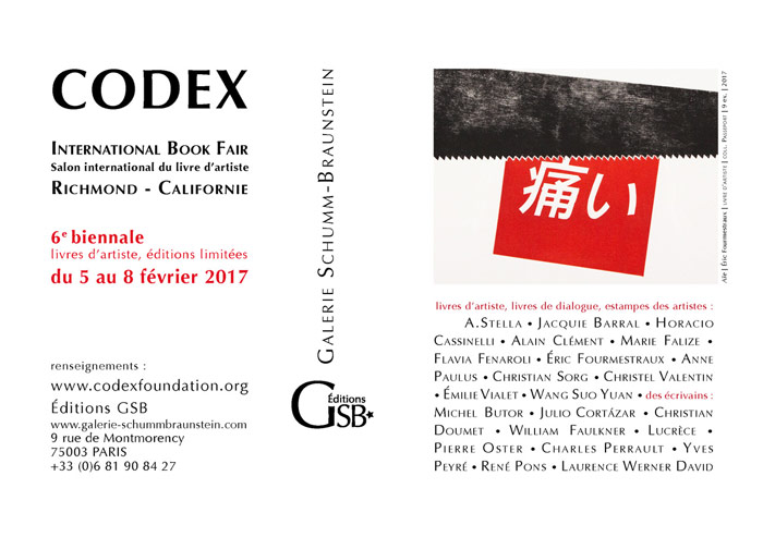 carton d'invitation de la galerie Schumm-Braunstein pour l'exposition "Codex" 2017  à Richmond, Californie