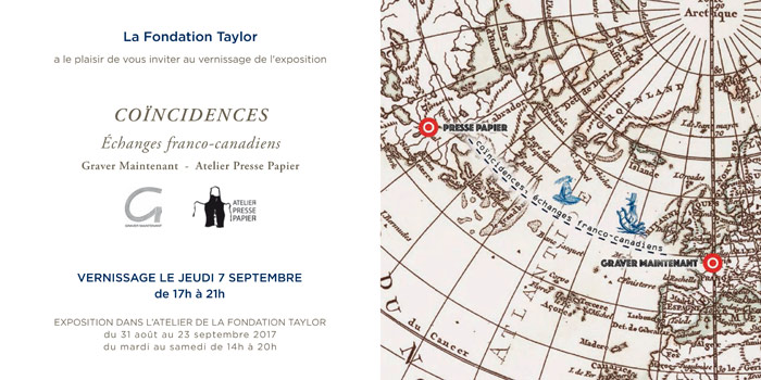 Carton d'invitation pour l'exposition  "COÏNCIDENCES.  Échanges franco-canadiens"  à la Fondation Taylor